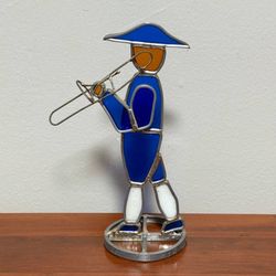 Vintage Stained Glass Suncatcher Musician Playing Trombone Figure Collection Christmas Gift Decor
