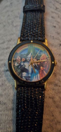 Vintage 1993 The Wizard of Oz Collector Watch - Gold Bezel Black Leather Strap