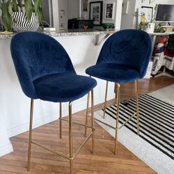 Set of 2 Velvet Bar Stools – Navy Blue & Gold