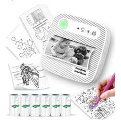Brandnew Mini Printer with 6 Rolls Sticker Paper, Receipt Printer for Study Notes, Pictures, DIY, Label, App with Multiple Templates