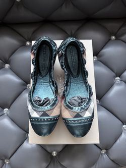Burberry Bridle Housecheck Southwark Ballerina Flats with Studs – Teal Blue, EU 39