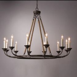 KS #060204 Candlely Vintage 12-Light Candelabra Wagon Wheel Chandelier With Flaxen Hemp Rope