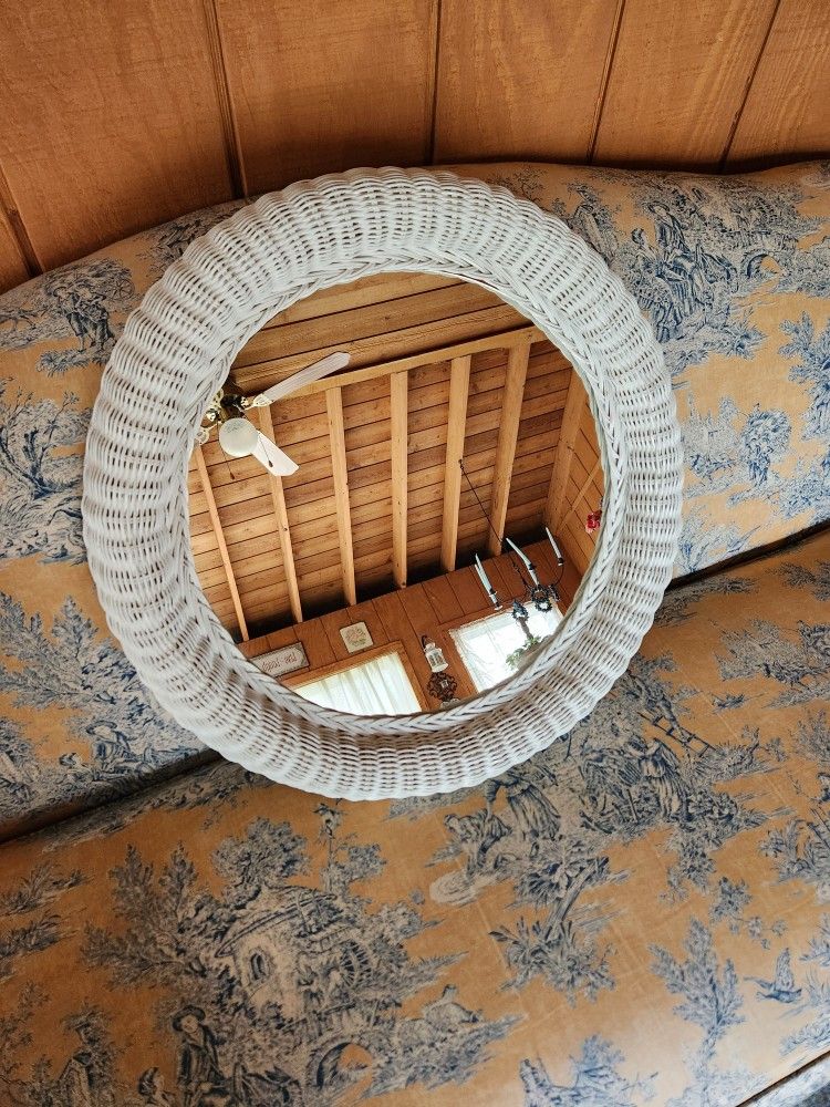 Boho White Wicker 24" Round Mirror rattan beach