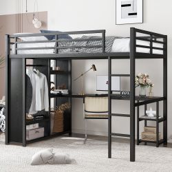 Full Size Loft Bed Frame with Built-in Wardrobe, Metal Loft Bed with Desk and Storage Shelves, Black