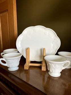 Harvest Milk Glass 10" plate with cup (4 sets) PLUS 7 water goblets PLUS a footed bowl