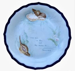 Vintage Coastal Hand Painted Seashell Plate Psalm 95:5 Blue 10”
