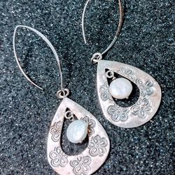 925 Vintage 3" Long Sterling Silver Pearl Earrings