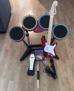 🔥🔥PS5 PS4 Complete TESTED Rock Band 4 Band Bundle Guitar Drums Drum Set Game Disc