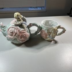 Rose Cherub Angel Pastel Teapot & Mug Set