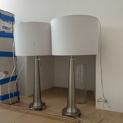 Set of 2 Table Lamps – Brushed Nickel with Linen Drum Shades + USB Port