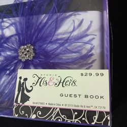 Purple Feathered & White Wedding Guest Book & Guest Pens $10each