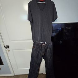 A lof of men's shirts and matching jeans