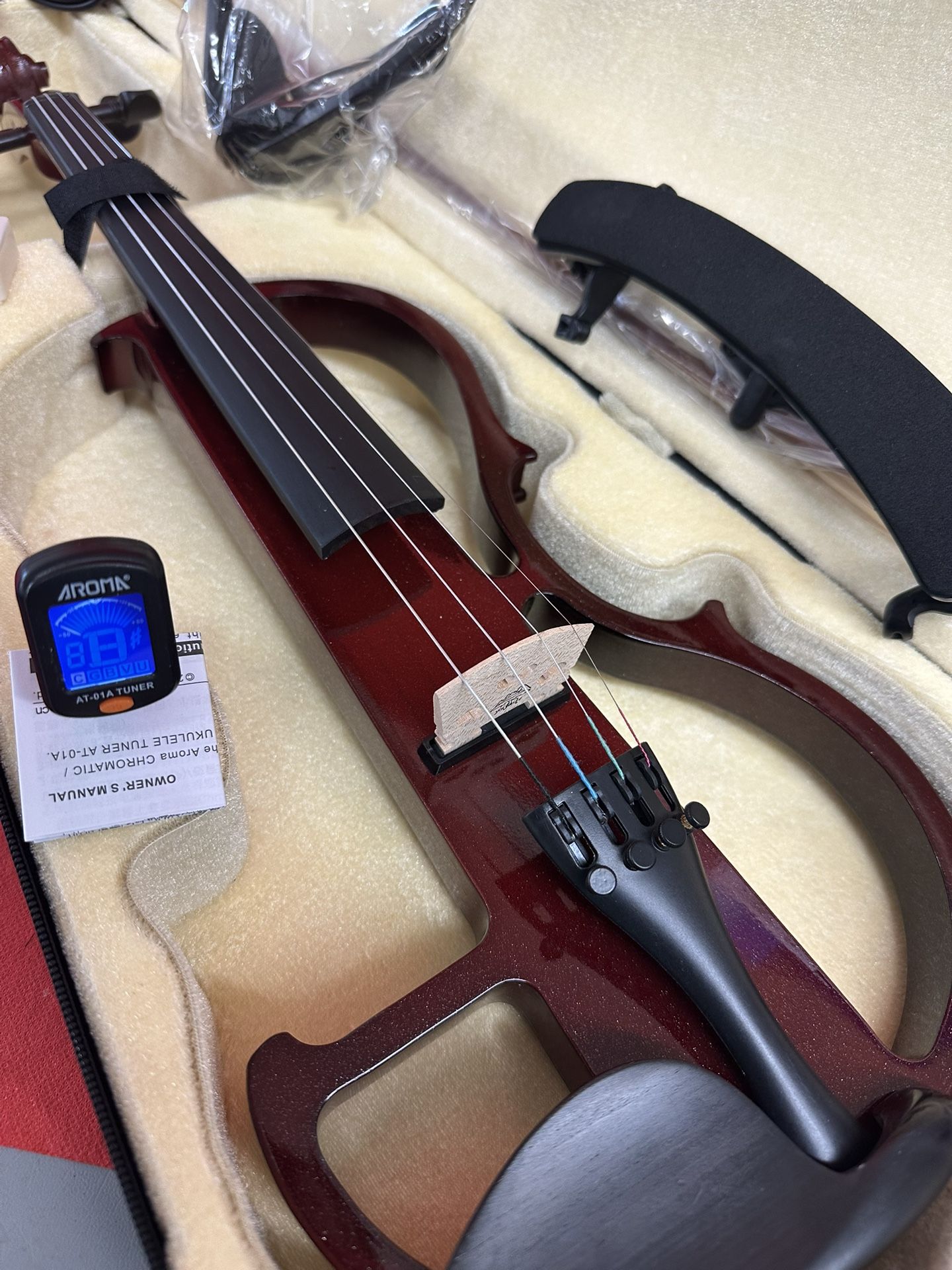 Nice Dark Red Electric Violin with New Bow, Digital Tuner, Shoulder Rest, Headset, $180 Firm