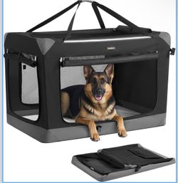 Dog Crate, Portable Pet Travel Crate, 42 Inches Oxford Fabric, 4 Mesh Doors, Handles, Pockets, for Small Dogs, Ink Black and Dove Gray, BAX Collection