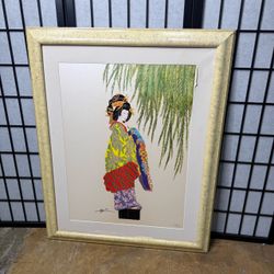 Vintage Geisha Art by Hisashi Otsuka “Spring Enchanted” in Faux Marble Frame