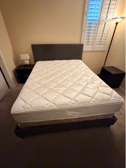 Good Queen bed mattress and frame and fair box springs. Need to sell asap