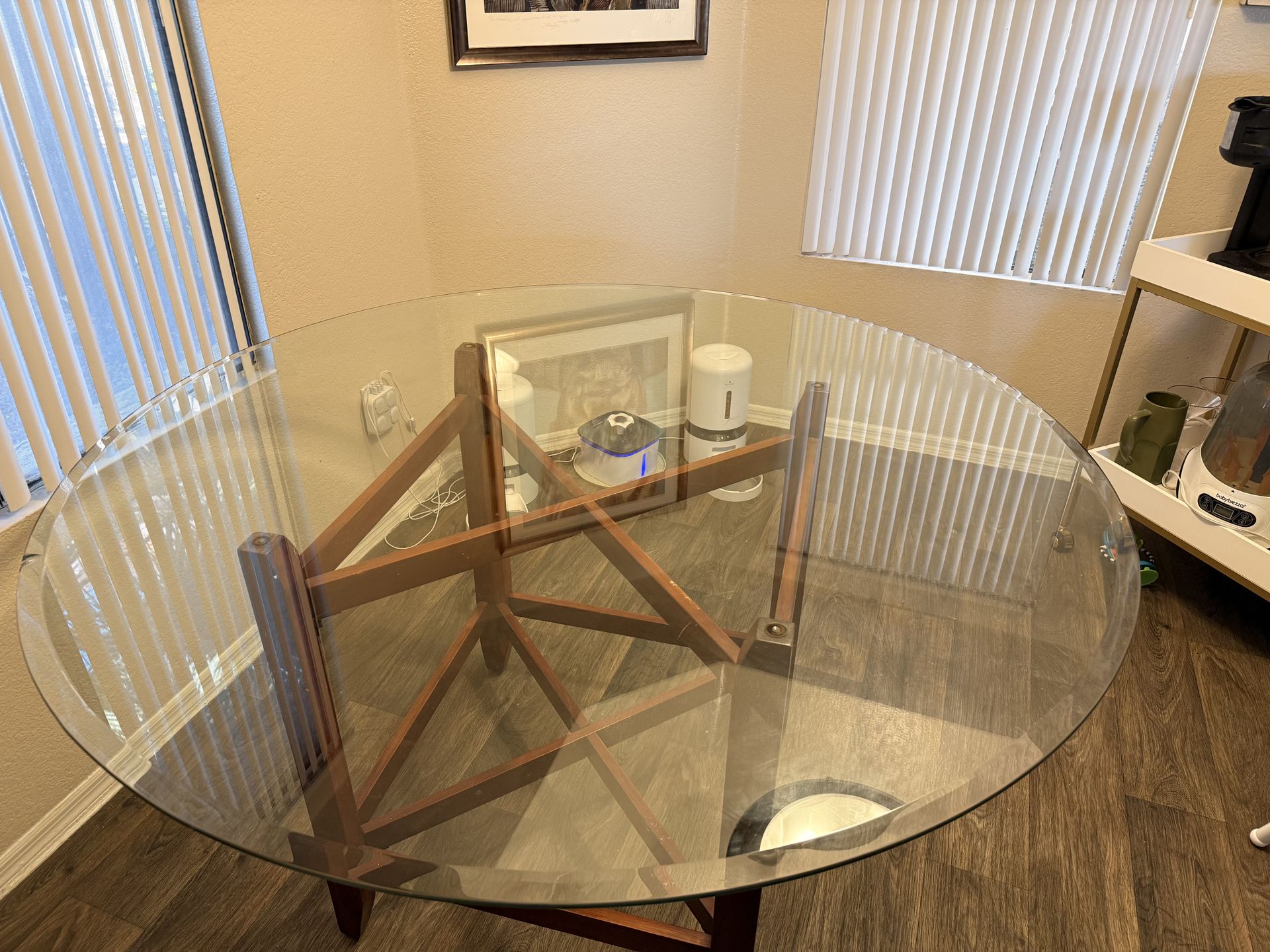 Round Glass Dining Table w/ Wood Base