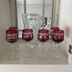 Murano Italy Ruby Red Crystal Stemware Set + Cut Glass Vase – 6 Piece Luxury Collection