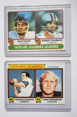 Vintage Topps NFL multi-player leader cards featuring Hall of Fame quarterbacks.