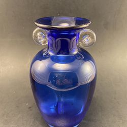 Gorgeous Heavy Cobalt Blue Murano Style Art Glass Vase With Clear Handles