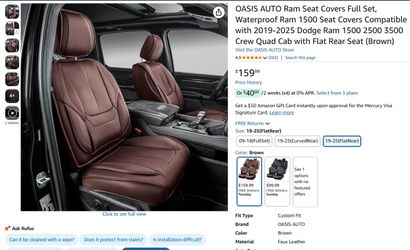 2019-2025 Dodge Ram 1500 2500 3500 Crew Quad Cab with Oasis Auto Flat Rear Seat PU Leather Brown