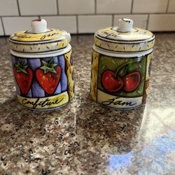 Vintage Colorful Pottery Jam Jelly Jars With Lids 