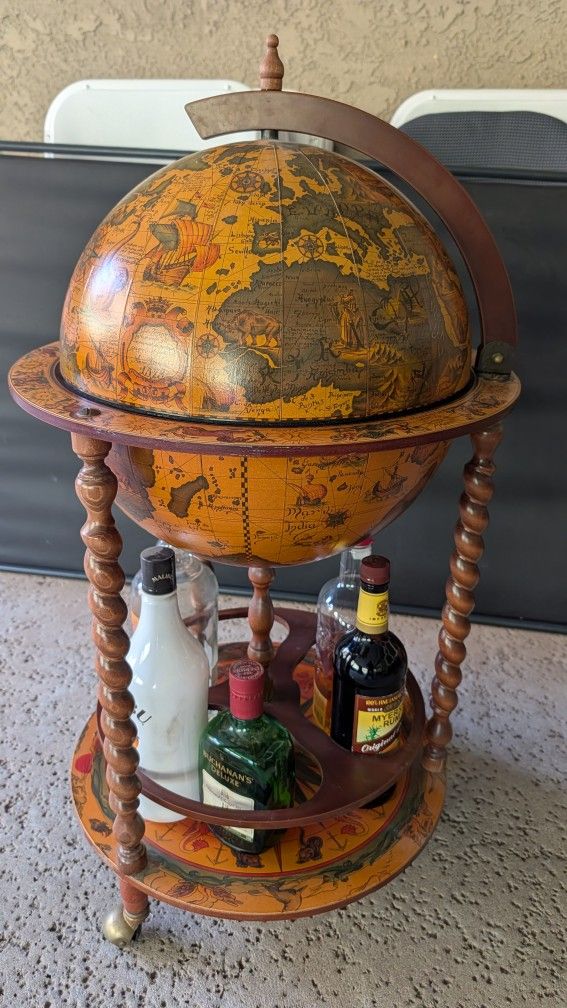 Vintage Italian wood Globe Wine Bar Stand, Rack Liquor Bottle Shelf