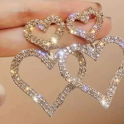 S95 Silver Double Heart Earrings Dangle