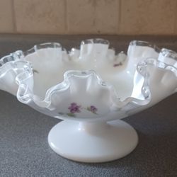 Vintage Fenton Glass Silver Crest Hand Painted Violets in the Snow footed Bon Bon Dish. 