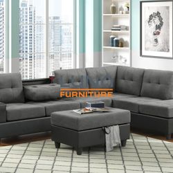 Heights Gray/Black Reversible Sectional with Storage Ottoman