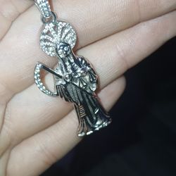 Santa Muerté Iced Out Diamonds With Rope Necklace Sterling Silver