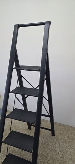 5-Step Folding Ladder Black Aluminum Lightweight Slim Step Stool Home Kitchen RV Portable - 300Lb