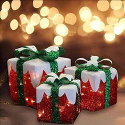 MorTime Set of 3 LED Lighted Christmas Gift Boxes Green Bows Red Timer
