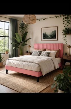 Pink Upholstered Platform Bed Frame
