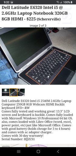 Dell Latitude E6320 Intel i5 @ 2.6GHz Laptop Notebook 320GB 8GB HDMI - $225 (Schererville)