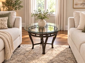 Elegant Round Glass Top Coffee Side Table – Decorative Metal Base