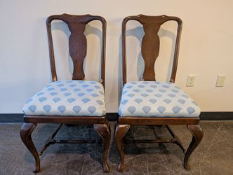 Pair of Traditional Dark Wood Dining Chairs with Upholstered Fan Pattern Seats
