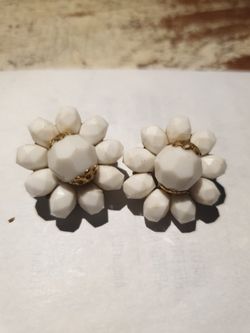 Vintage Western Germany White Beaded Clip On Ear Rings