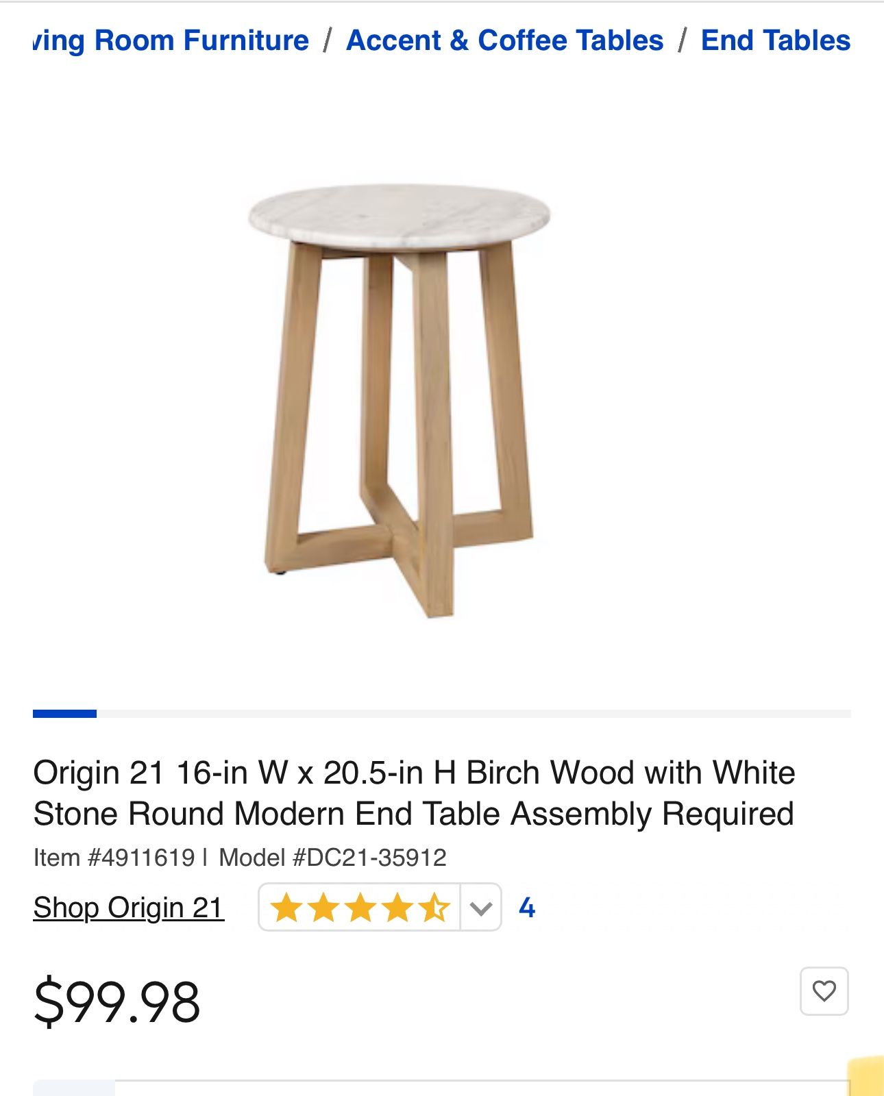 Origin 21 16-in W x 20.5-in H Birch Wood with White Stone Round Modern End Table Assembly Required