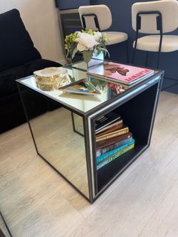 Modern Mirrored Accent Tables – Set of 2 | Black Metal Frame | Storage Shelf