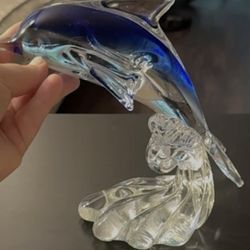 Large Murano-Style Art Glass Crystal Dolphin Sculpture Cobalt Blue Hand Blown