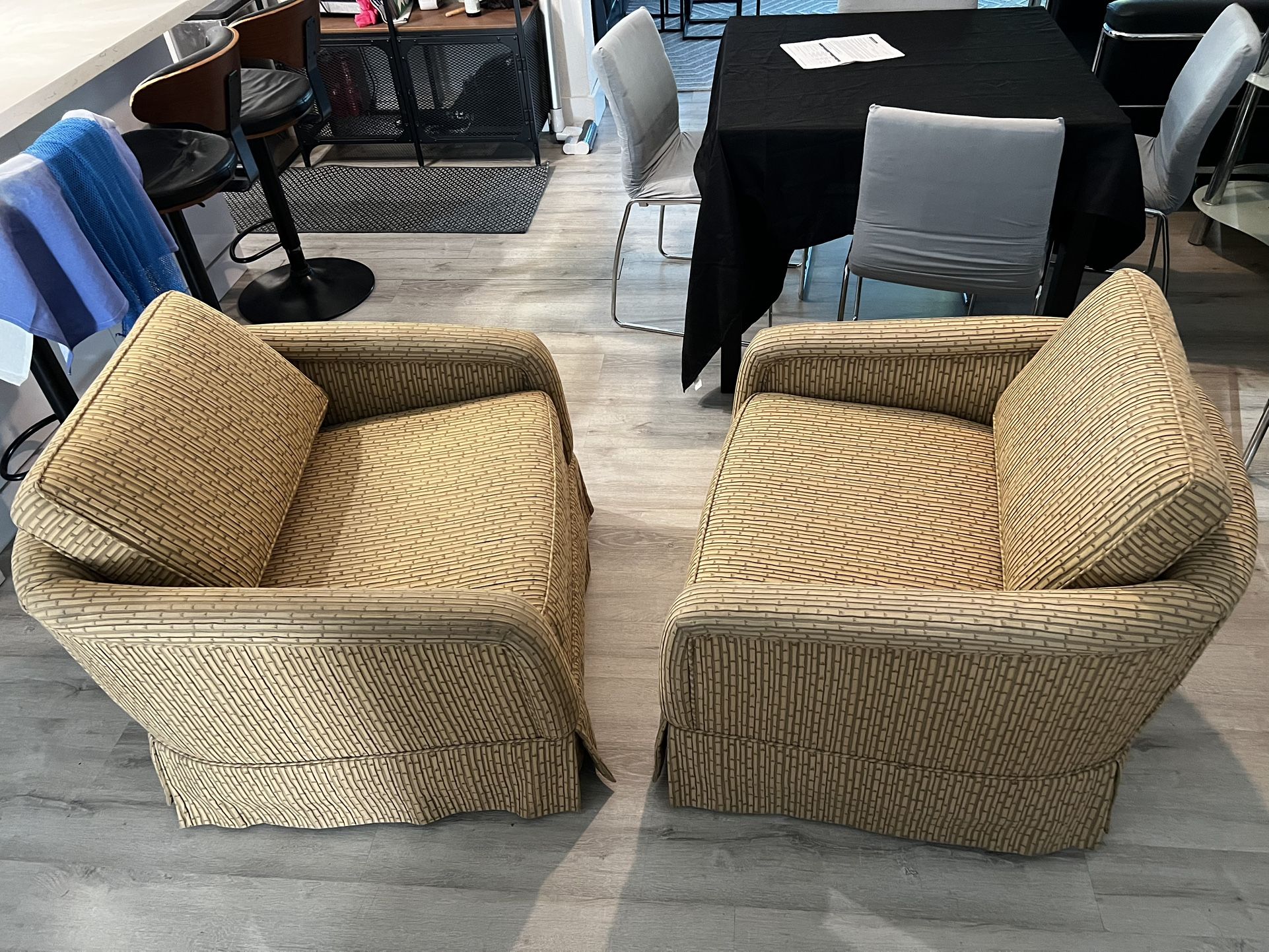 LOUNGE CHAIRS - PAIR - VINTAGE Bamboo Print - LOW, COMFY, ON WHEELS