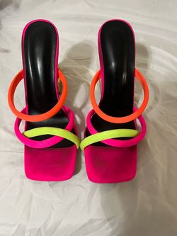 Neon Multi-Color Strappy Heeled Mules