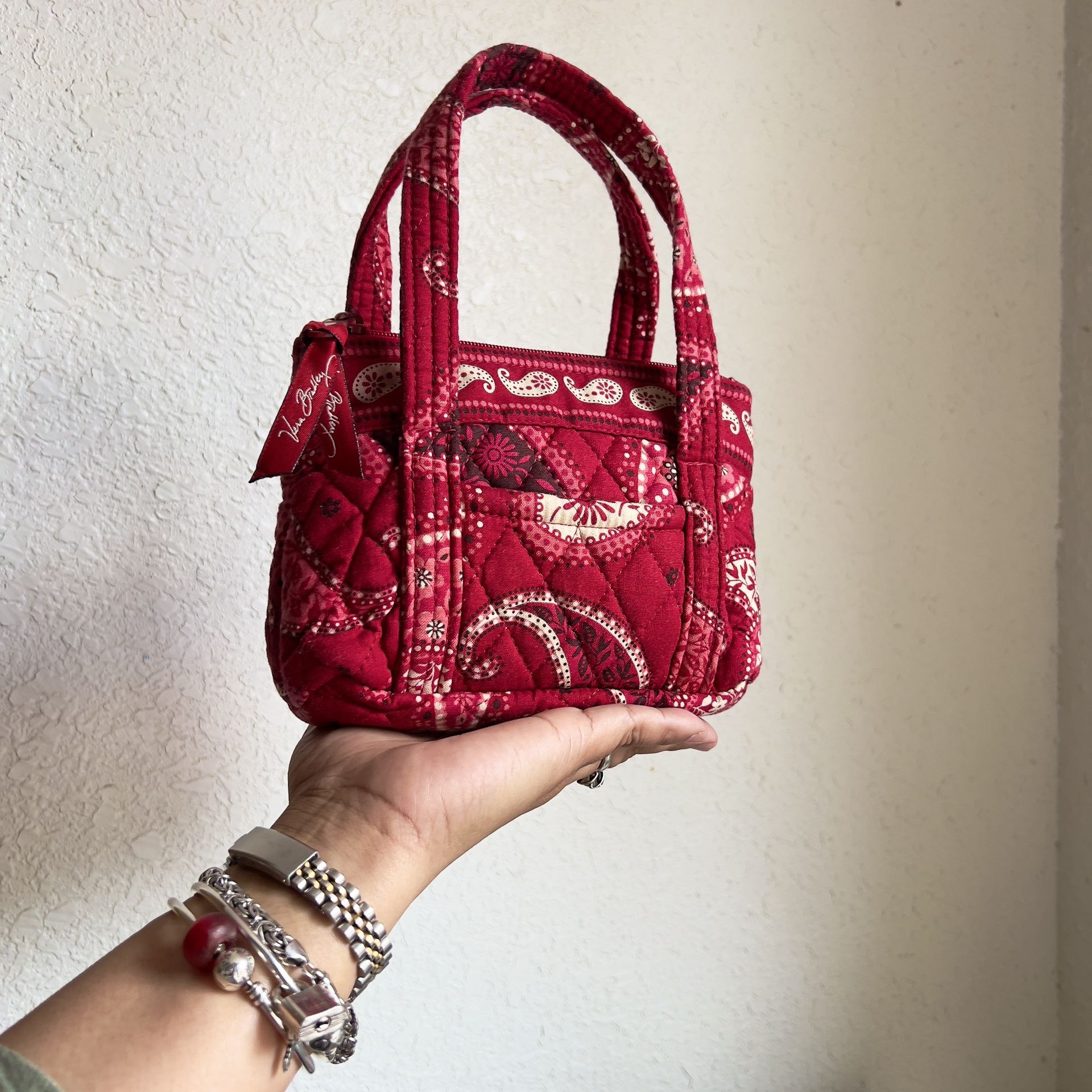 Vera Bradley Red Quilted Paisley Pattern Zipper Closure Small Mini Handbag