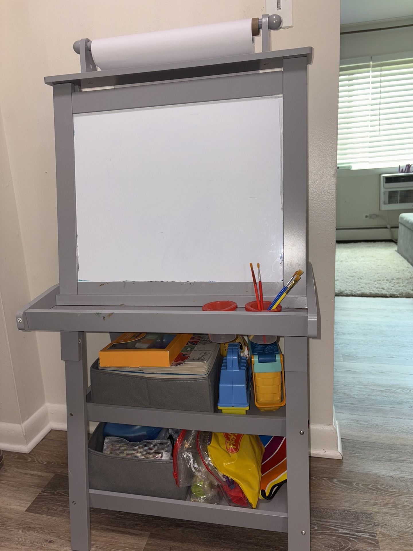Duel Sided Art Easel With Attached Paper Roll And Bottom  Storage