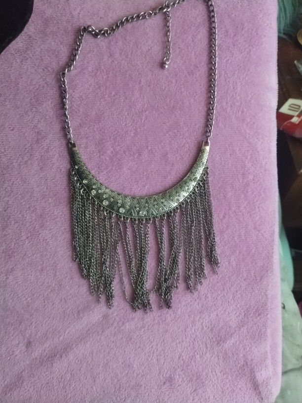 Silver tone Necklace With Bling And Fringe