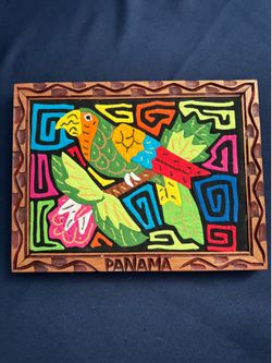 Panamanian Handmade Framed Textile Folk Art Wall Hanging Turtle/Bird Design