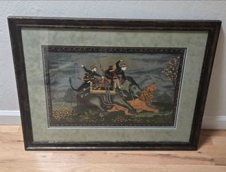 Vintage Original Indian Mughal Lion Hunt Silk Art Work Framed 24x31"