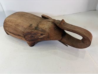 Large Vintage Hand Carved Wooden Elephant Statue Heavy Folk Art Sculpture 17"