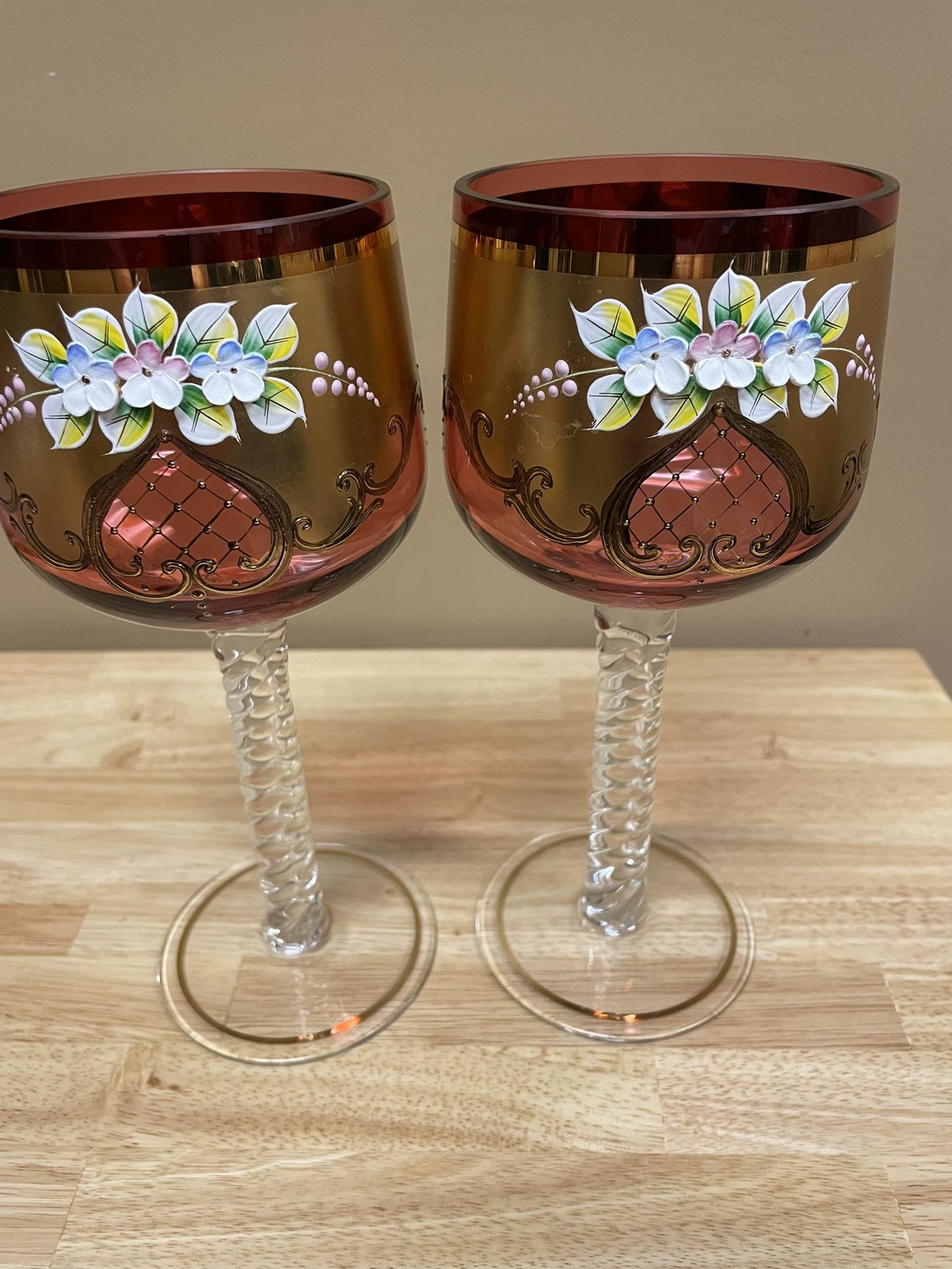 Murano 24K Gold Gilt Ruby Enameled Glasses Hand Painted - Pair